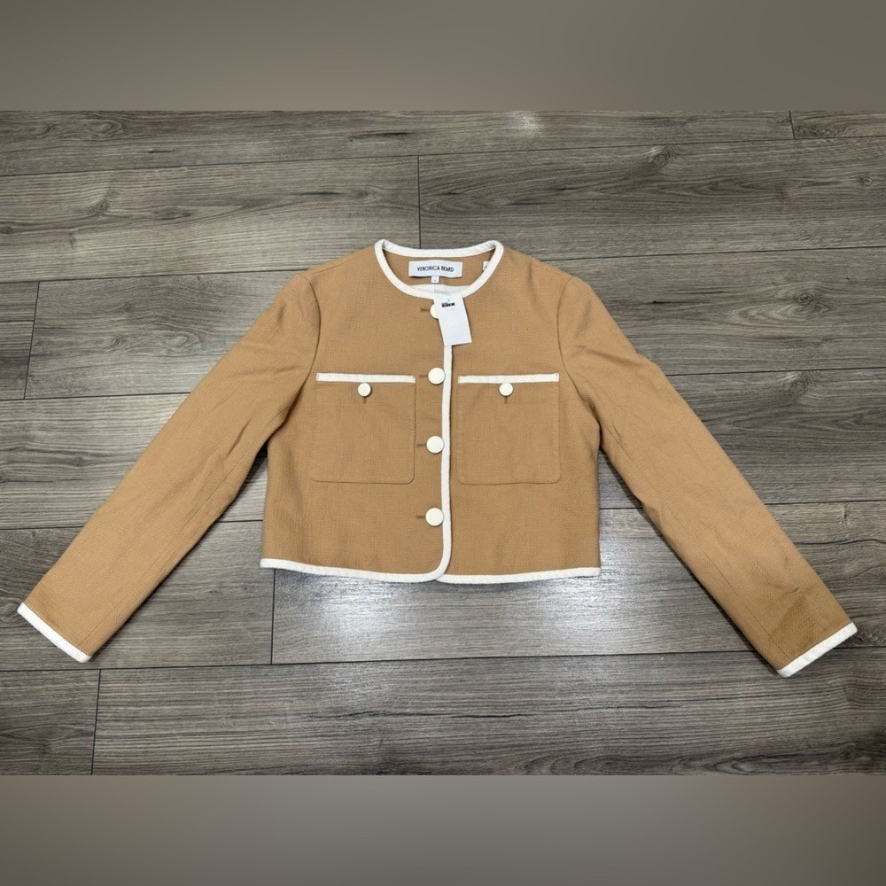 NEW Veronica Beard Beale Contrast Detail Cotton Blend Tweed Jacket in Khaki Sz 8